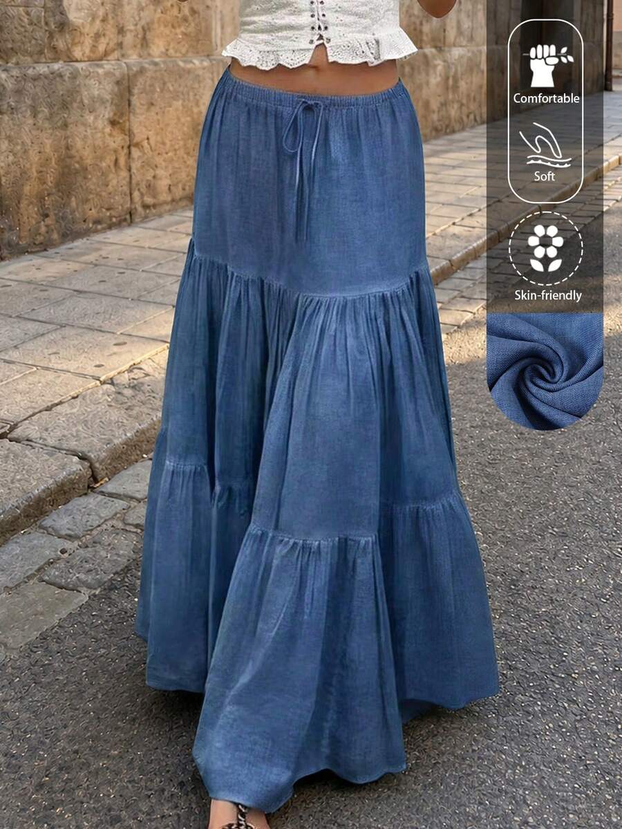 EARO Women's Plus Size Long Blue Layered Skirt, Casual Elastic Waist Skirt, Comfortable Fabric, Non-Stretch, Suitable For Summer Daily Wear - Blue - View 1