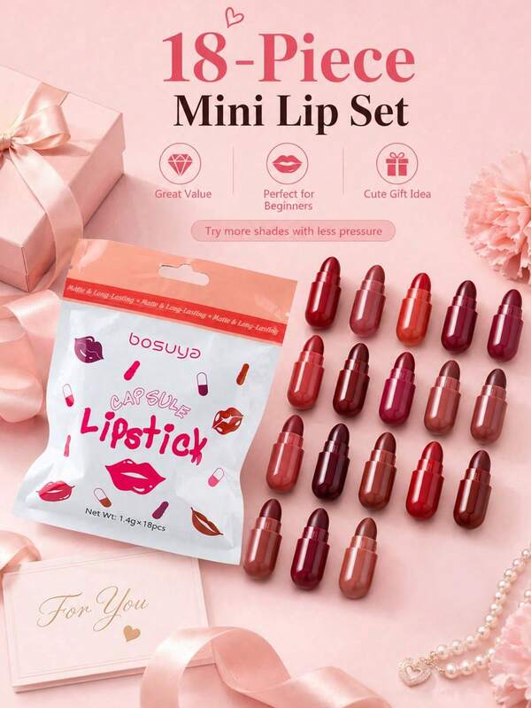 Set de 18 piezas de mini labiales en cápsula, polvo mate aterciopelado de larga duración sin volar, combinación multicolor, fácil de aplicar, adecuado para todas las ocasiones, apto para principiantes, adecuado para uso diario, portátil