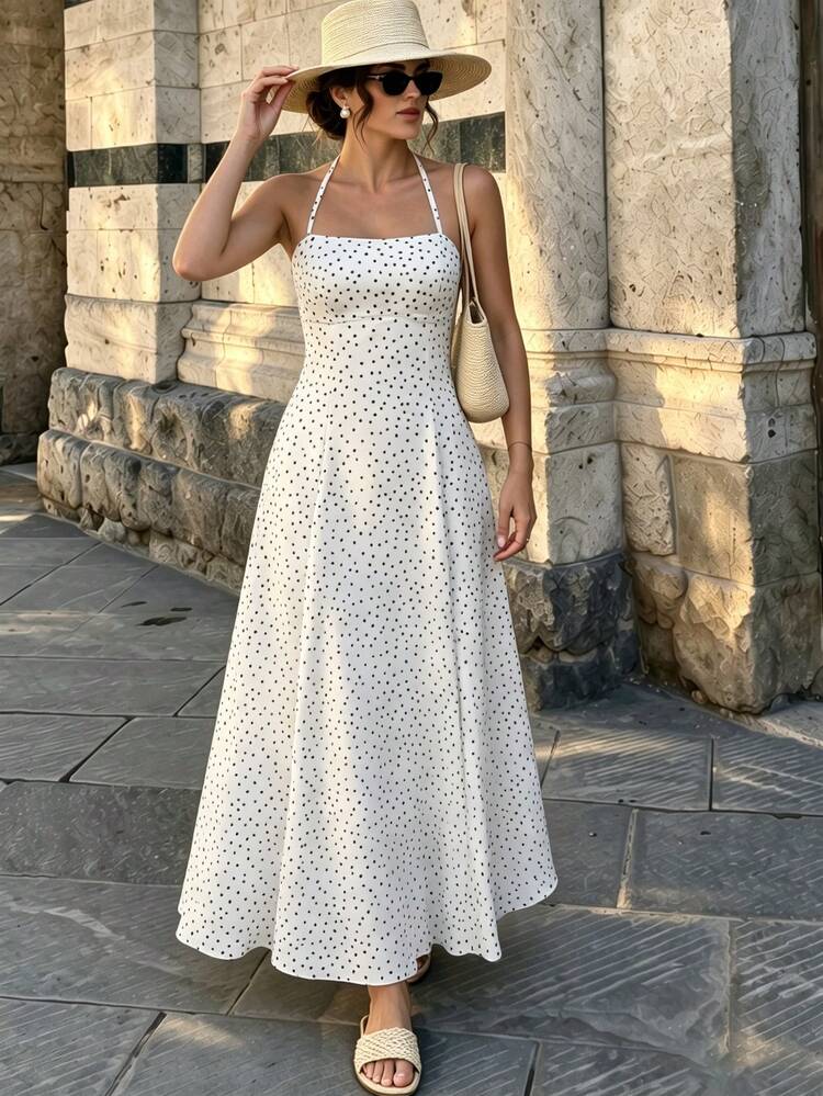 casual white backless dress Buzzelle Elegant Romantic Vacation Bohemian Polka Dot Halter Dress, Summer Holiday, Beach Resort, Daily Size:4-5