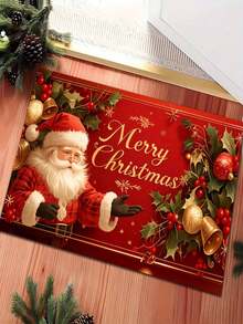 1pc Santa Claus Christmas Mat With "Merry Christmas" Text, Christmas Bathroom Decor, Rectangular Design With Holiday Decoration, Suitable For Home Decor, Machine Washable, Christmas Decoration, Holiday Decor, Indoor/Outdoor Use, Christmas Floor Mat - A - View 5