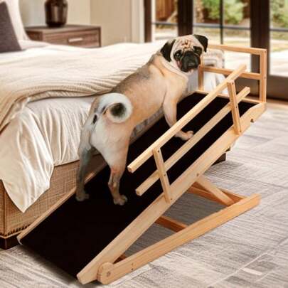 Dog Ramp For Bed And Couch, Foldable Wooden Pet Ramp, 5 Adjustable Heights Height Up To 31", Portable Dog Ramp With Non-Slip Rubber Surface And Safety Railings, Pet Ramp For Small, Large, Senior Dogs