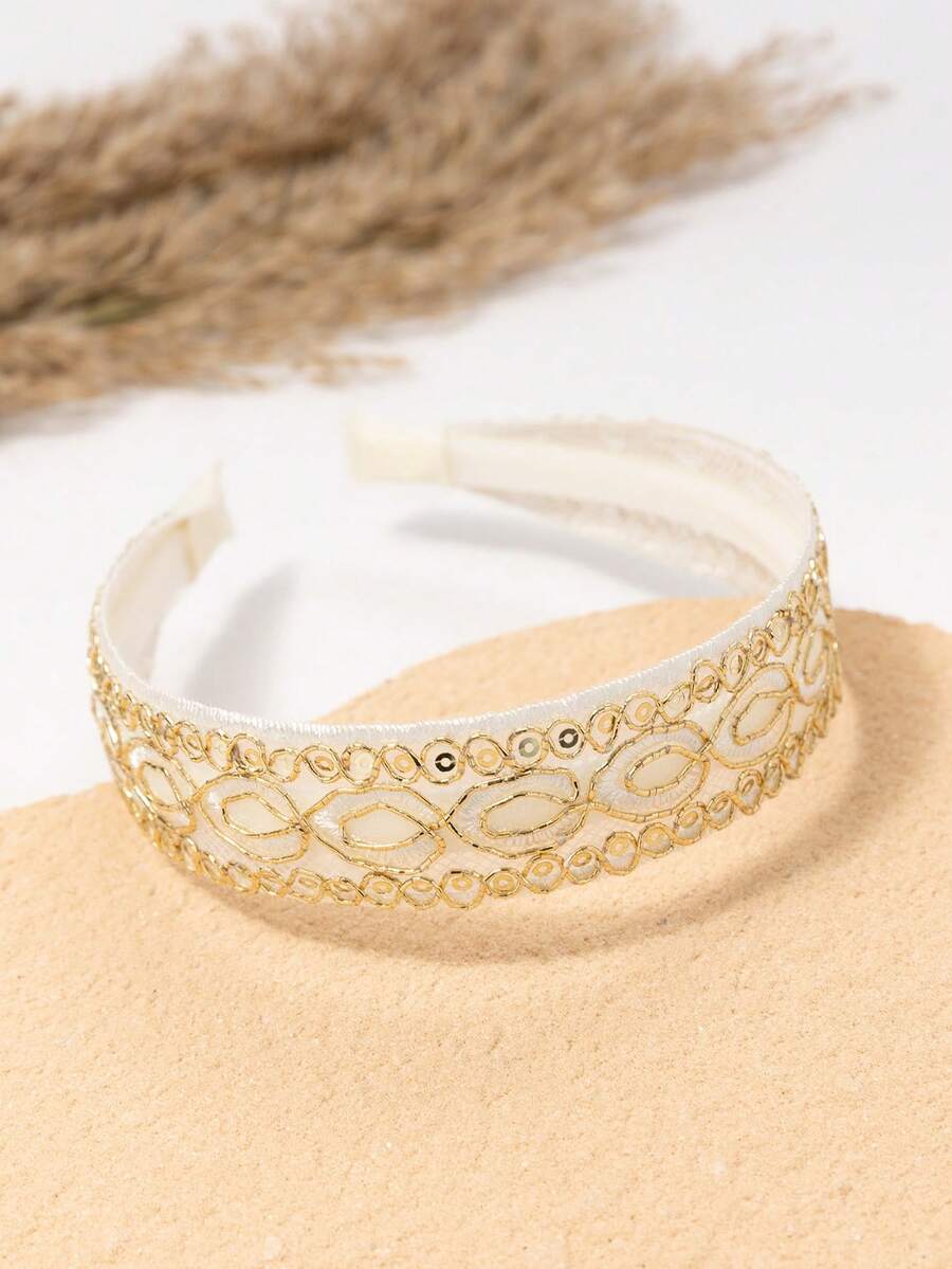 1pc Gold Embroidered Shiny Hollow Lace Trim Headband, Versatile Non-Slip Hair Accessory For Daily Wear, Perfect Gift For Girls - Multicolor - View 1