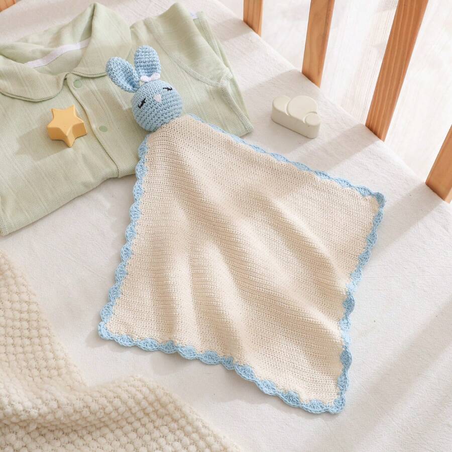 Handmade Crochet Cartoon Rabbit Baby Rattle Comfort Blanket, Skin-Friendly Breathable Baby Companion Plush Doll, Newborn Comfort Handkerchief, Infant Bib, Fabric Doll - Multicolor - View 1