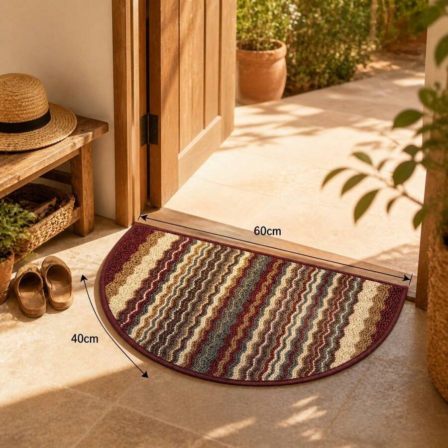 Semicircular Polyester Entrance Doormat With Wavy Stripe Design, 40cm X 60cm Door Mat, Decorative Durable Rug For Hallway And Entryway - 紅色 - 查看 1