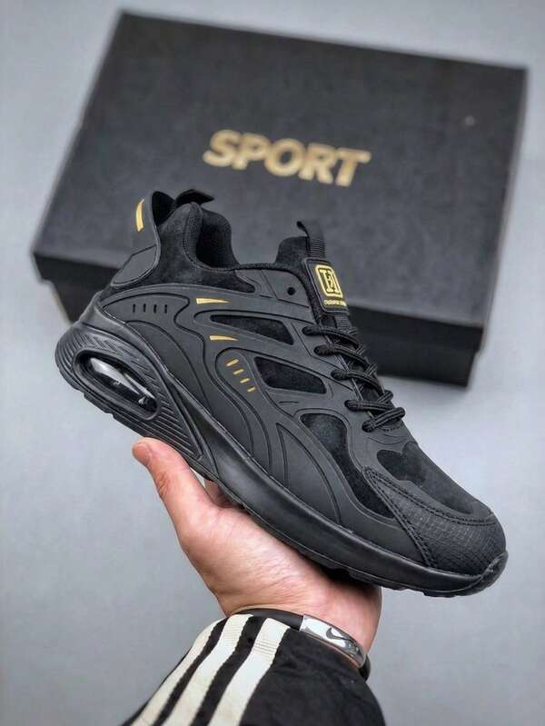 Sepatu Lari Pria Hitam Emas dengan Bantalan Udara, Sepatu Atletik Bernapas dan Anti Selip, Sepatu Olahraga Kasual Peredam Guncangan untuk Jalan Kaki Sehari-hari di Gym