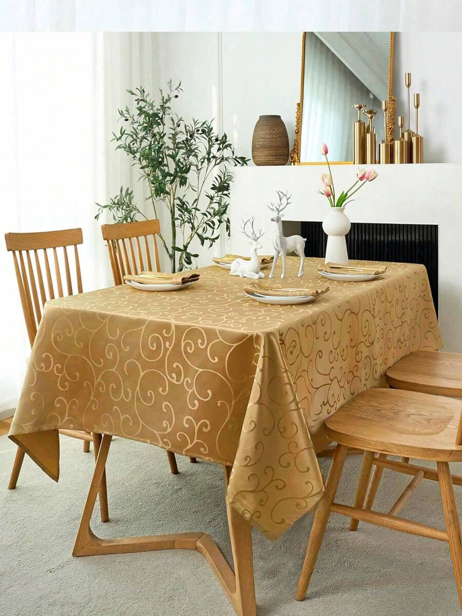 Brocade Floral Jacquard Curling Design Tablecloth, Luxury Square Multi-Size Home Decor Table Cover For Kitchen/Dining Room/Party/Bedside Table, 1pc - Brown - View 1