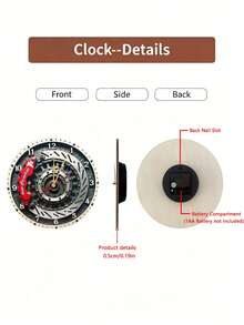 10-12 Inch Silent Racing Brake Disc Wall Clock - Modern Racing Theme, Red Brake Disc Design, Quartz Movement, Wooden Structure - Suitable For Living Room, Garage, Office, Boys Room - Perfect Gift For Racing Enthusiasts (AA Batteries Not Included) - 1PC - View 2