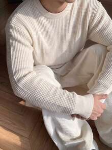 Men's Thick Ribbed Knit Crew Neck Sweater, Loose Fit Comfortable Long Sleeve Suitable For Autumn/Winter Wear - Camel - View 2