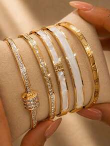 ZCNC 5pcs/Set Personalized Multi-Color Stainless Steel Bracelet & Bangle Set, Unique Design, Fashionable, Multi-Element, Exquisite Ideal Gift, Non-Fading Jewelry, Stylish - Golden 9 - View 3
