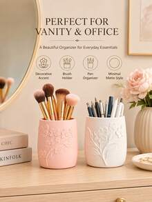 Relief Floral Makeup Brush Holder, Easy Ins Style Desktop Pen Holder, Bedroom Vanity Beauty Tool Storage Box - Multicolor - View 8