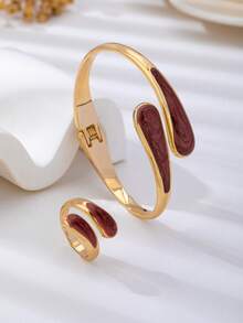 2pcs Fashionable New Gold-Plated & Artificial Drip Oil Coffee Brown Water Drop Shaped Women's Bracelet And Ring Jewelry Set - Coffee Brown - View 1