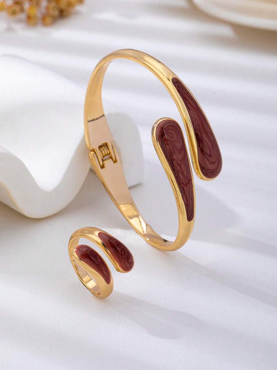 2pcs Fashionable New Gold-Plated & Artificial Drip Oil Coffee Brown Water Drop Shaped Women's Bracelet And Ring Jewelry Set - Coffee Brown - View 1