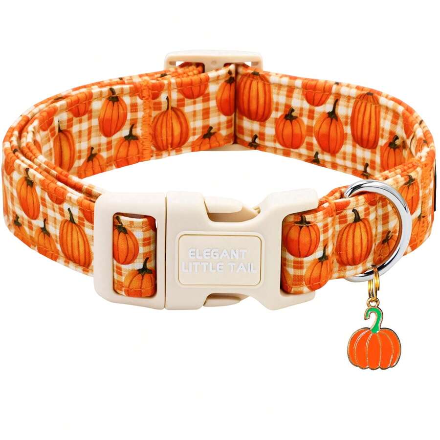 Elegant Small Tail Halloween Dog Collar, Pumpkin Print Autumn Pet Collar, Soft Puppy Collar, Cute Adjustable Holiday Collar - Orange - View 1