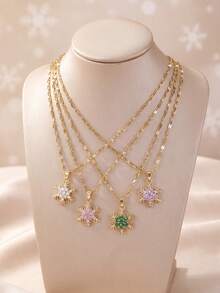1pc/Double-Layer Rotatable Exquisite Fashion Women's Necklace, Gold Snowflake Zirconia Pendant Necklace, Fashionable Multicolor Inlaid Zirconia Chain Necklace For Women, Elegant Sparkling Zirconia Fashion Jewelry Necklace, Suitable For Christmas, Winter, Daily, Party Jewelry Gift - Yellow Gold - View 4