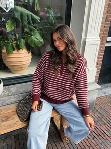 SEREN New Autumn/Winter Half-Button Cardigan Collar Contrast Striped Sweater, Vintage Y2K Top, Casual Loose Fit, Suitable For Commute And Outdoor Wear - Red - View 4
