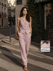 Women's Casual Linen Blazer Vest And Pants Set, Spring/Summer Pink - Pink - View 1