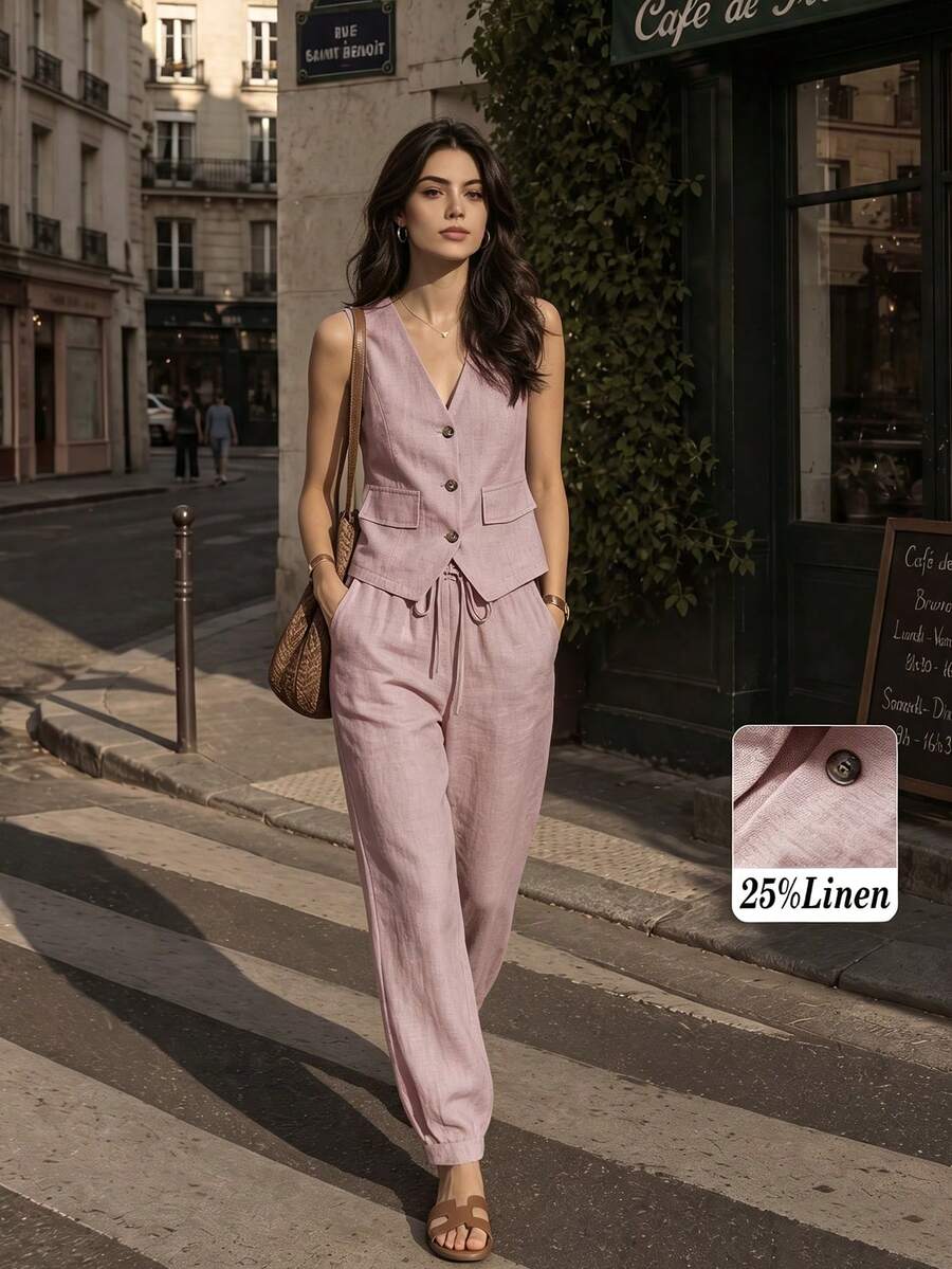 Women's Casual Linen Blazer Vest And Pants Set, Spring/Summer Pink - Pink - View 1