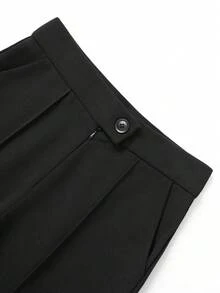 Celana Panjang Wanita Warna Hitam Polos, Pinggang Tinggi, Jahitan Depan, Kaki Lebar, Kancing dan Resleting, Celana Panjang Elegan untuk Beraktivitas di Luar Rumah - Hitam - View 7