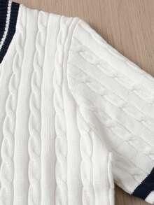 Boys White V-Neck Long Sleeve Knitted Cardigan With 3D Cable Knit And Contrast Stripe, Preppy Casual Versatile Sweater Jacket For School Daily Wear, Spring/Autumn/Winter - White - View 5