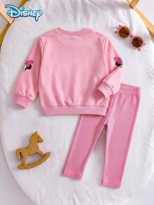 Disney Officially Licensed Baby Girls Sweatshirt Set, Spring/Autumn, Pink Color Block Sweet Cartoon Style, Round Neck All-Over Minnie Print Sweatshirt With Vertical Ribbed Slim Fit Long Pants, 2 Pieces Outfit For Toddlers Under 3 Years Old, Casual Daily Wear, Travel, Vacation, Party, Versatile - Baby Pink - View 2
