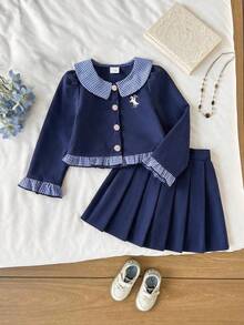 2pcs/Set Girls' Casual Preppy Style Turn-Down Collar Plaid Ruffle Blouse & Pleated Skirt Set, Autumn - Royal Blue - View 2