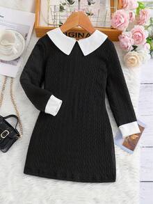 Young Girls Contrast Collar Black Fitted Long Sleeve Dress Suitable For Holiday Party Gift Autumn Winter - Black - View 2