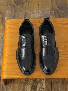 Men's New Round Toe Breathable British Style Thick Sole Height Increasing Lace-Up Casual Daily Work Business Leather Shoes - Black - View 7