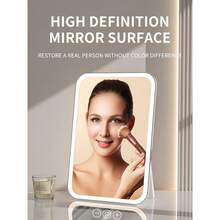 scbestuygo LED Makeup Mirror With Light, 1200mAh Rechargeable Battery Illuminated Vanity Mirror, 3-Color Lighting, Stepless Dimming, Touch Control, Rotatable & Adjustable Stand, Portable Makeup Mirror, Suitable For Bedroom, Bathroom, Travel - White - View 3
