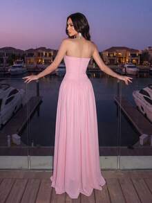 New Pink Sexy Sleeveless Backless Heavy Rhinestone Bow Mesh Patchwork Bandage Long Dress, Elegant Women's Formal Evening Gown - Pink - View 7