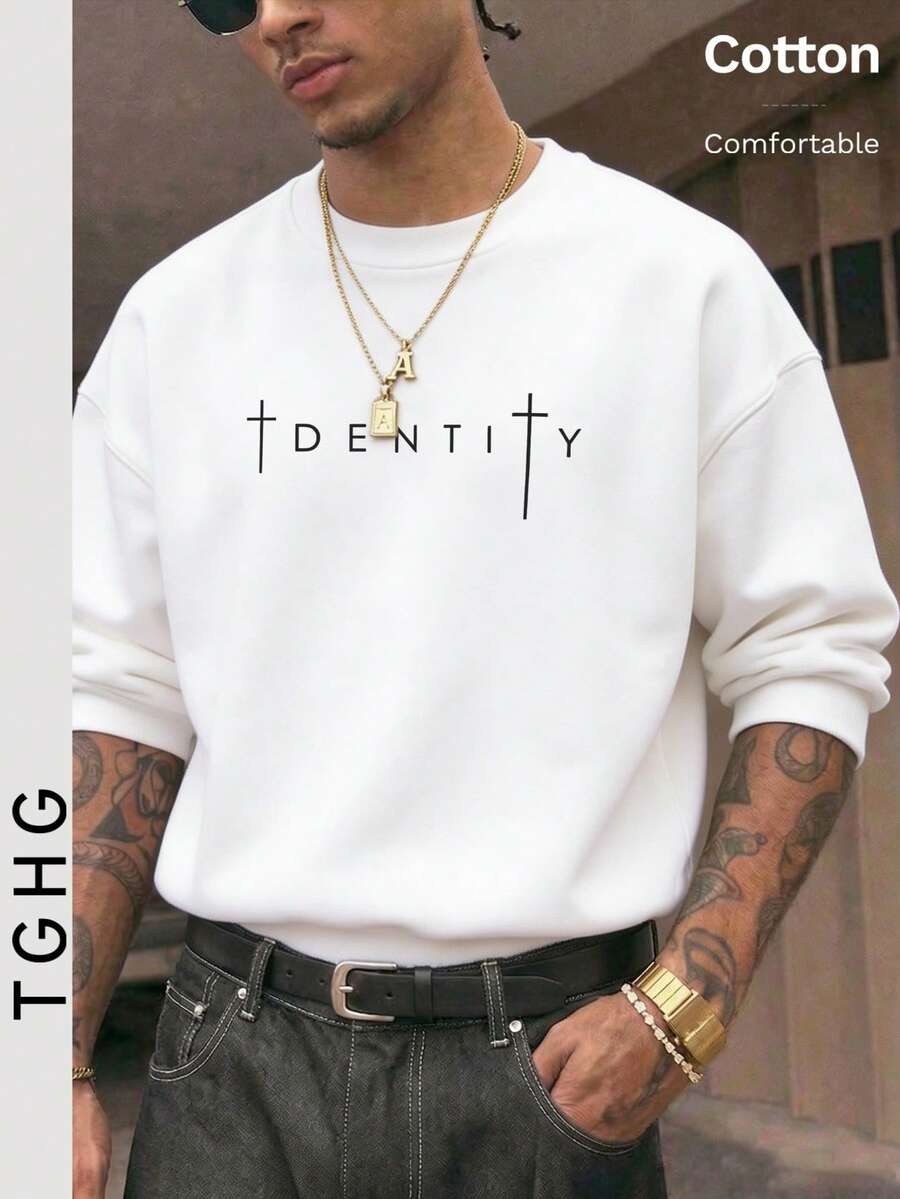 تي شيرت رجالي خفيف الوزن برقبة دائرية، طباعة حرف IDENTITY، كم طويل كاجوال بول أوفر - أبيض - مشاهدة 1