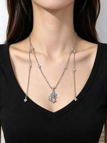 rundraw 1pc Women's Necklace, Silver Metal, Light Blue Four-Leaf Clover Pendant With Long Tassel And CZ Inlay, Delicate And Sweet Necklace, Daily Commute And Holiday Gift - Multicolor - View 1