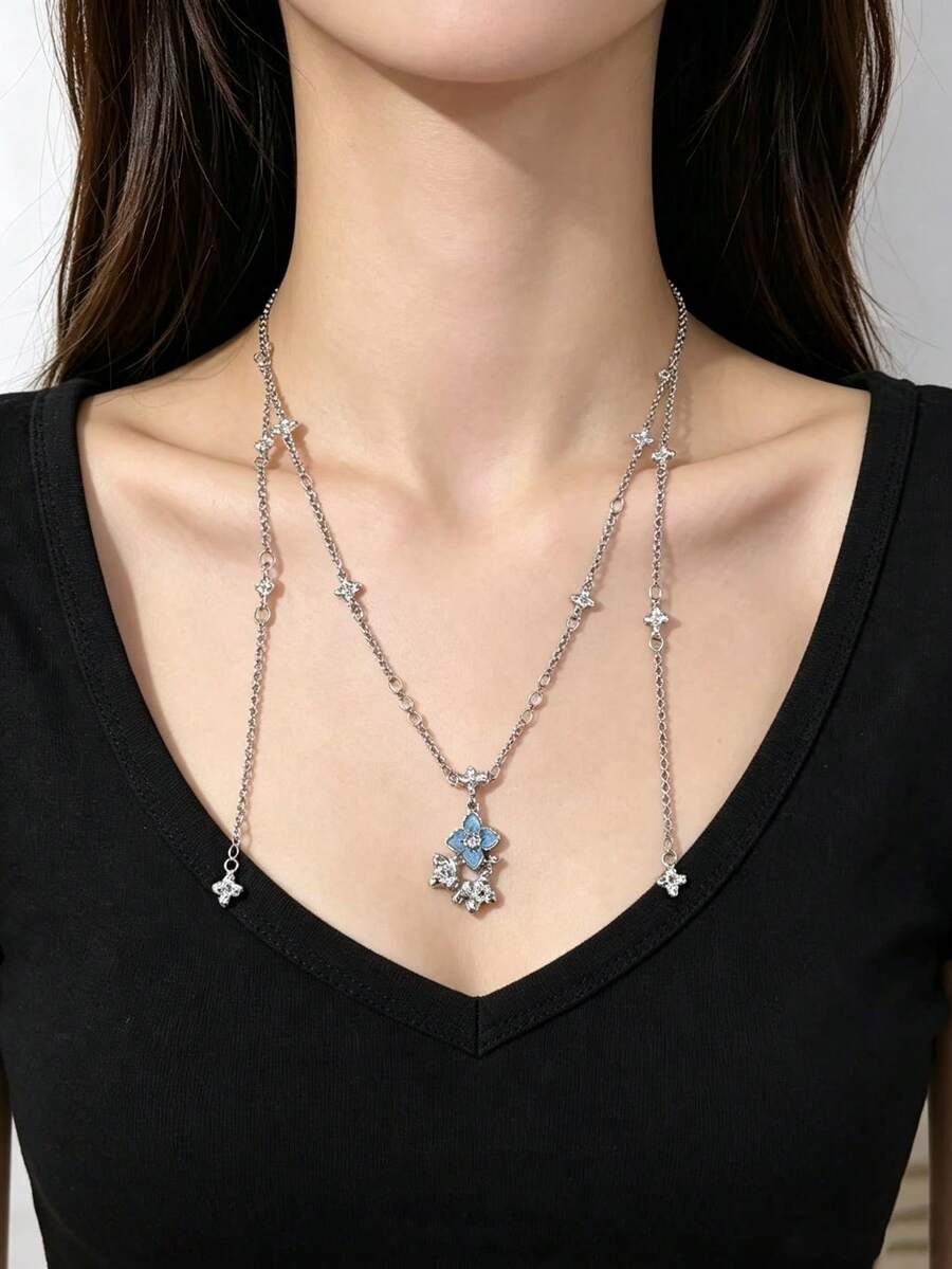 rundraw 1pc Women's Necklace, Silver Metal, Light Blue Four-Leaf Clover Pendant With Long Tassel And CZ Inlay, Delicate And Sweet Necklace, Daily Commute And Holiday Gift - Multicolor - View 1