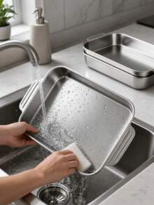 1pc Thickened Double Handle Stainless Steel Deep Baking Pan, Large Rectangular Hot Pot Serving Tray, Fruit Pizza Platter, Smooth And Easy To Clean, Suitable For Grilled Fish, Mixed Seafood, Shellfish, Hot Pot, Indoor BBQ, Party Banquet, Buffet, Home And Restaurant Use, Perfect For Food Preparation - Square Fish Roasting Pan - View 9