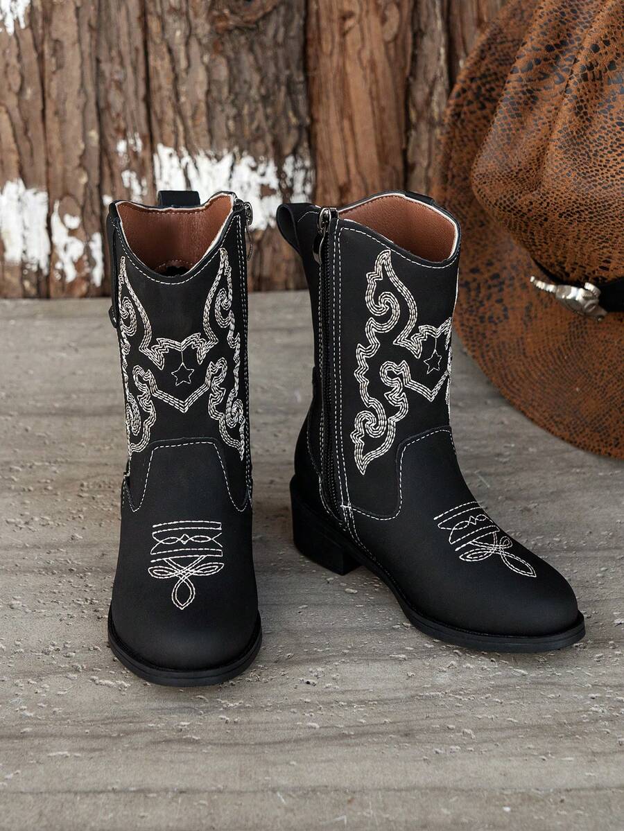 1 Pair 2025 New Western Cowboy Vintage Girls's Ankle Boots, Pointed Toe Embroidered Knight Boots With Chunky Heel, Fashionable Versatile Boots - Black - View 1