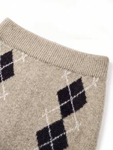 VIBEWAVE Argyle Jacquard Knit Cardigan & Dress 2 Pieces Set, Loose Vintage Preppy Style Knit Outfit, Autumn/Winter - Brown - View 10