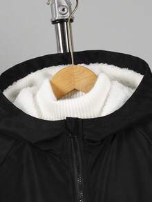 Boys' Autumn/Winter Casual Fashion Letter Print Webbing Patchwork Thermal Lined Long Sleeve Hooded Jacket - Black - View 6