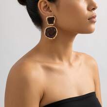 1 par de pendientes de botón de estilo vintage de doble capa con diseño geométrico, con borde de oro rosa y acabado marrón oscuro, adecuados para mujeres urbanas que buscan elegancia minimalista - Amarillo Oro - Ver 5