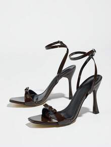 Coffee Brown Square Toe Stiletto High Heels, Women's Summer New Style, Single Strap Low Toe Design, Buckle Closure, Backless, Sexy Commute Party Outdoor Wear High Heels - Coffee Brown - View 5