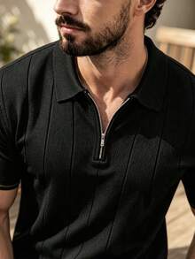 ALTZTAR Men's Summer Half-Zip Polo Collar Ribbed Solid Color Short Sleeve Knit Sweater - Black - View 4