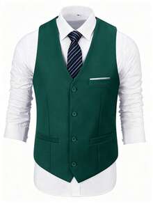 Vest For Men Solid Formal Suit Waistcoat With Wide Pockets For Business Wedding Party To Match Men Suits - Dark Green - View 3