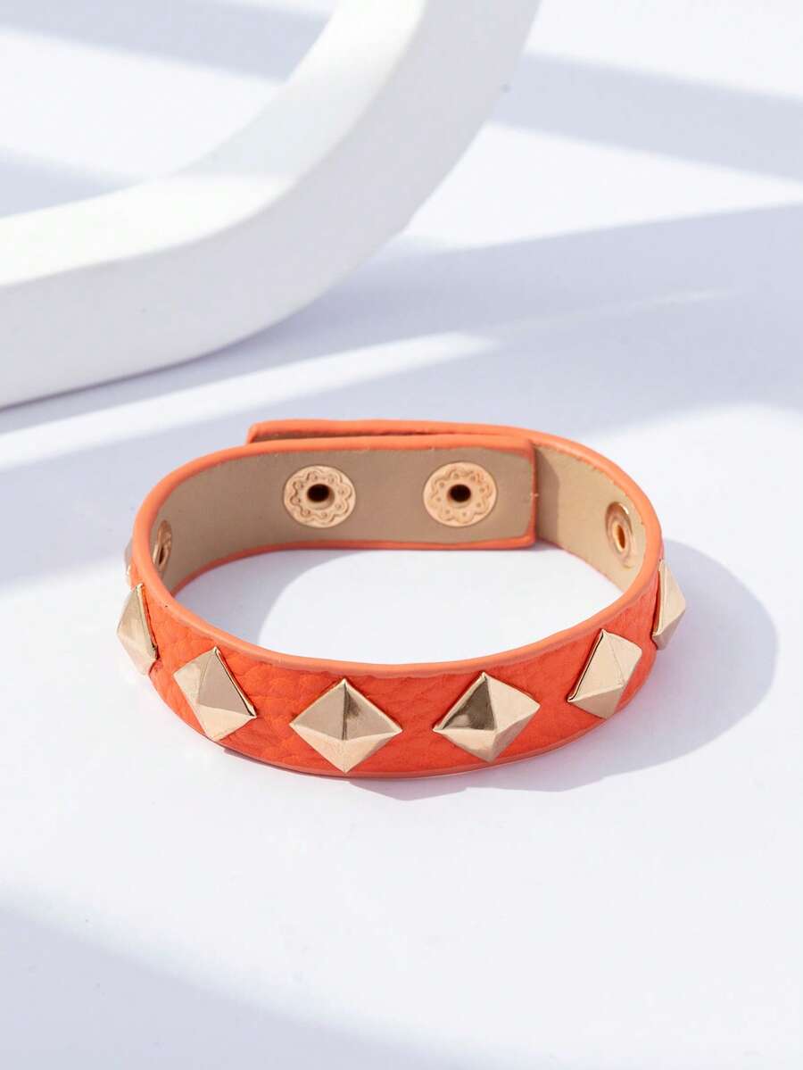 1pc Women's Rock Rivet PU Triangle Studded Motorcycle Dark Style Y2K Bracelet - Orange - View 1