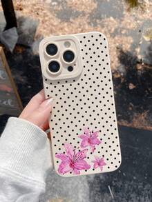 1pc Beige Polka Dot Pink Lily Print Phone Case, Cream Matte Texture Full Lens Protection Anti-Drop TPU Soft Shell, Ins French Gentle Fresh Girly Style Phone Case; Suitable For Valentine's Day, Easter, Mother's Day, Father's Day, Independence Day, Halloween, Thanksgiving, Christmas, New Year, Birthday, Back To School Gifts, Compatible With IPhone Case & Galaxy Case - White - View 5
