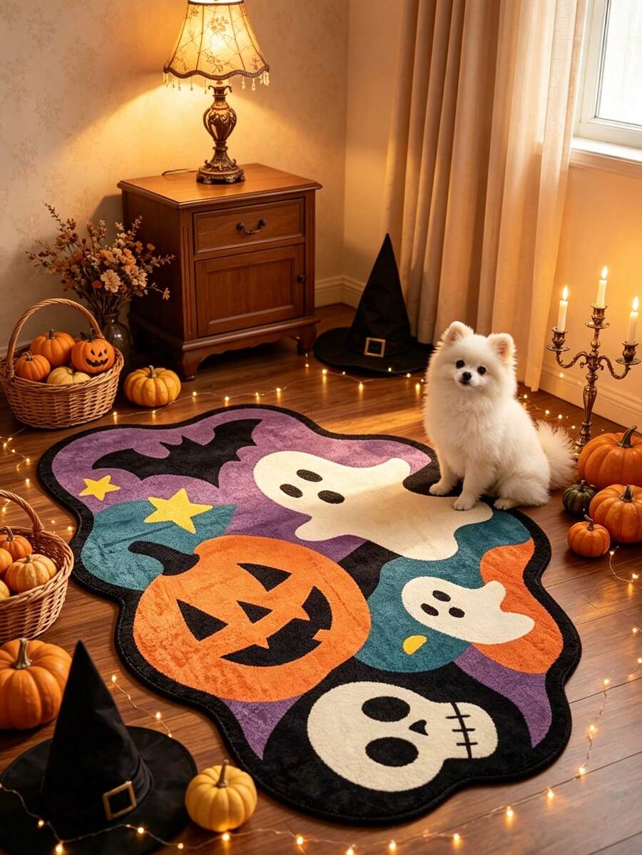 1pc Thanksgiving Pumpkin Ghost Skeleton Element Decorative Rug, Warm And Soft Decorative Floor Mat, Perfect For Daily Home And Holiday Decor, Decorative Rug, Bedroom Decor, Small Rug, Rug, Home Decor, Living Room Rug, Living Room Small Rug, Bedroom Rug, Living Room Home Decor, Outdoor Rug, Washable Rug - Multicolor - View 1