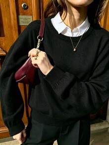 Sweater Rajut Bergaris Leher Bulat Wanita, Bahu Jatuh Lengan Panjang Kain Lembut Longgar Siluet Kasual Musim Gugur - Hitam - View 2