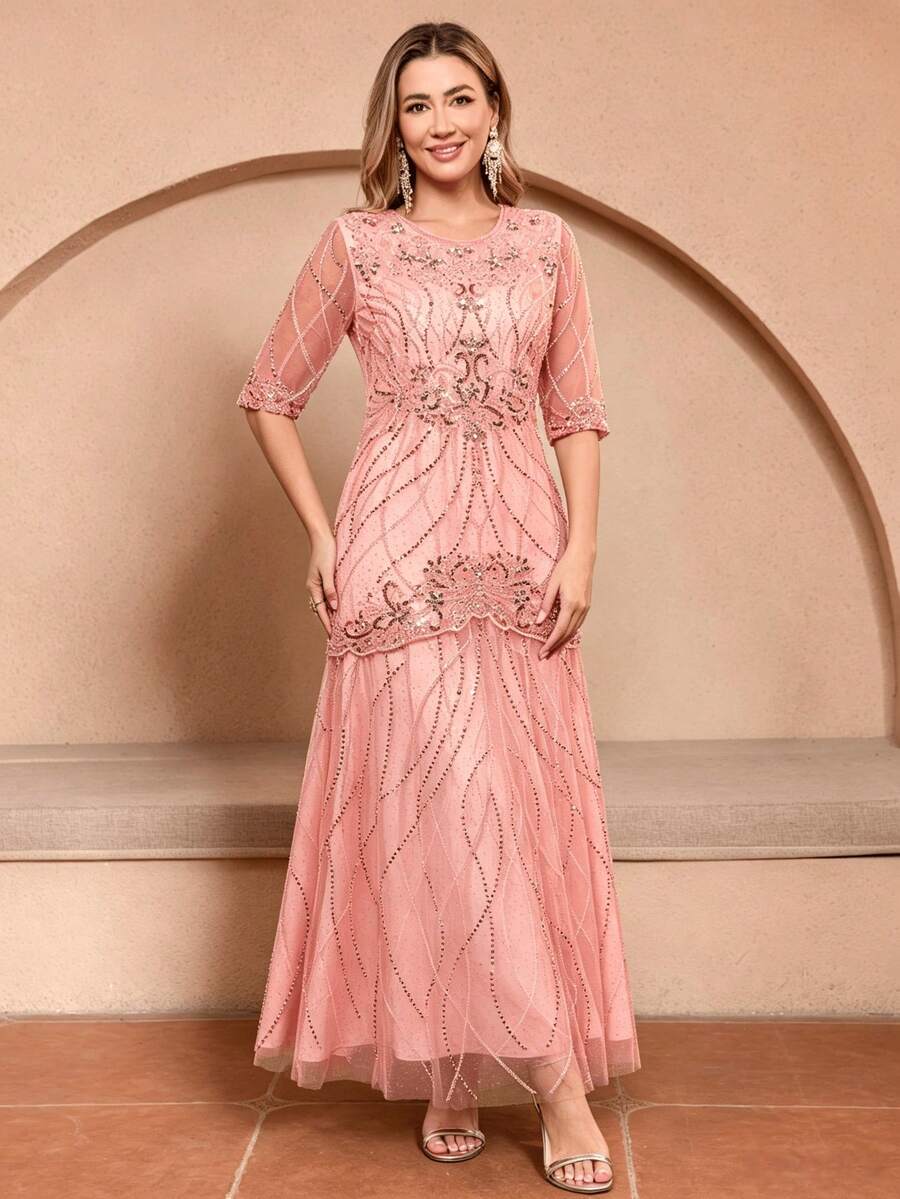 JINLICX Luxury Dusty Pink Round Neck Beaded Sequin Mesh Flowy Banquet Evening Gown
