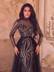 Elegant Long Sleeve High Neck Sequin Mermaid Evening Gown With Transparent Patchwork Design And Flowing Tulle Overlayer, Suitable For Photography, Formal Banquets, Red Carpet And Grand Events - Black - View 4