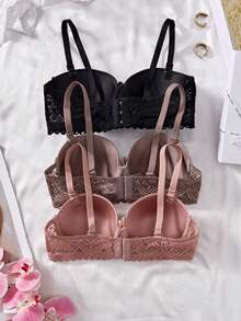 3pcs/Set Bra Wanita Seksi Berenda Tanpa Kawat dengan Cup Cetak, Mengangkat Payudara dan Mencegah Kendur, Desain Menggoda Kelas Atas, Membentuk Lekuk Tubuh dengan Sempurna - MultiWarna - View 3