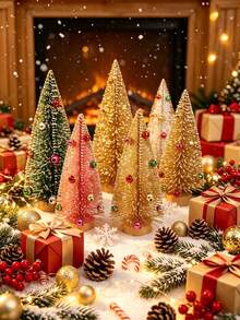 6pcs Set Artificial Three-Color Bell Christmas Tree, Bottle Brush Christmas Tree With Wooden Base, Christmas Decoration, Christmas Party Home Desktop Handmade Decor, Winter Holiday Decoration, Christmas Table Centerpiece - Multicolor - View 3