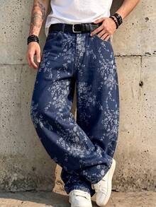 Men's Dark Blue All-Over Floral Jacquard Loose Wide Leg Jeans, Y2K Street Style Oversized Casual Long Pants - Blue - View 3
