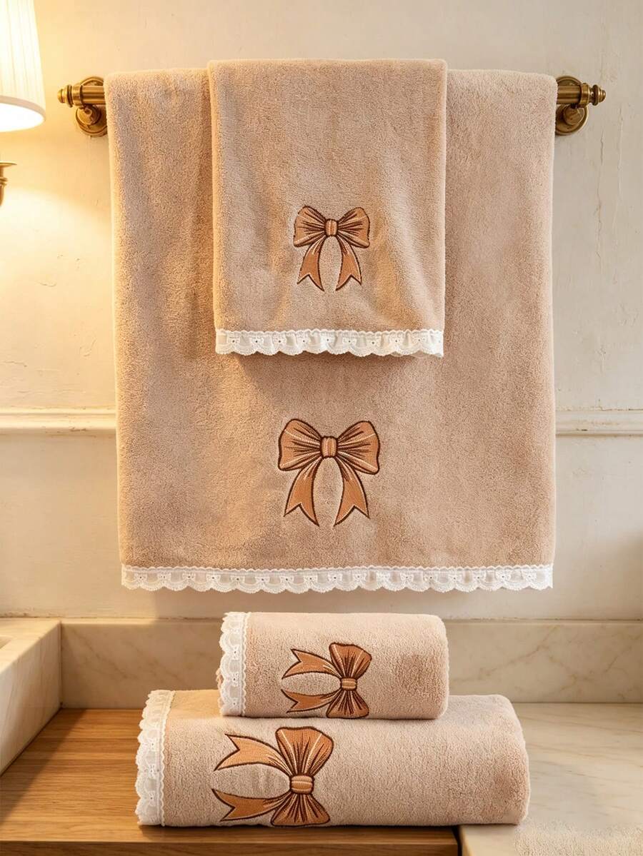 1/3件珊瑚絨刺繡蝴蝶結浴巾（珊瑚絨）超細纖維 1件浴巾或1件毛巾 時尚風格浴巾 親膚柔軟浴室毛巾 適用於浴室、飯店、健身房、旅行、海灘、學校、返校季、居家必需品、毛巾、護膚